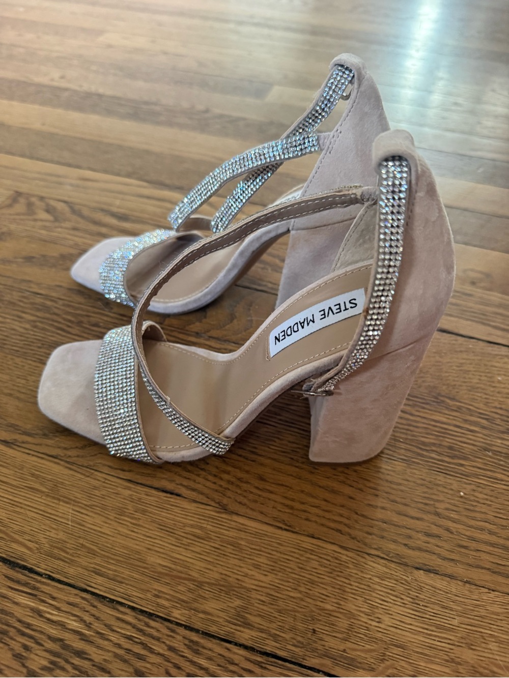 Steve Madden Nude Suede Block Heels with Rhinestone Straps size 7
